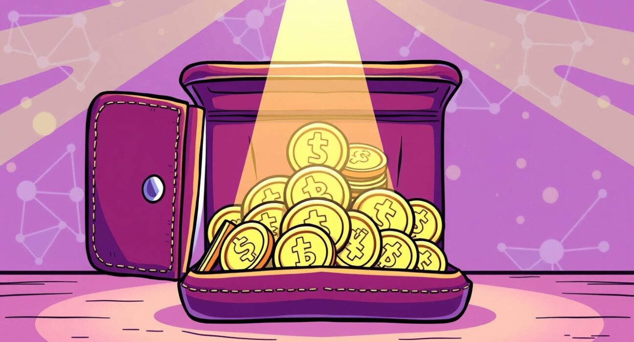 Cartoon illustration showing secure digital wallet releasing ZBT tokens during a Binance Wallet ZBT pre-TGE event, symbolizing early access.