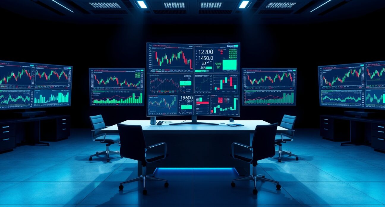 Binance 24-hour trading activity on traditional asset perpetual futures shown on monitors.