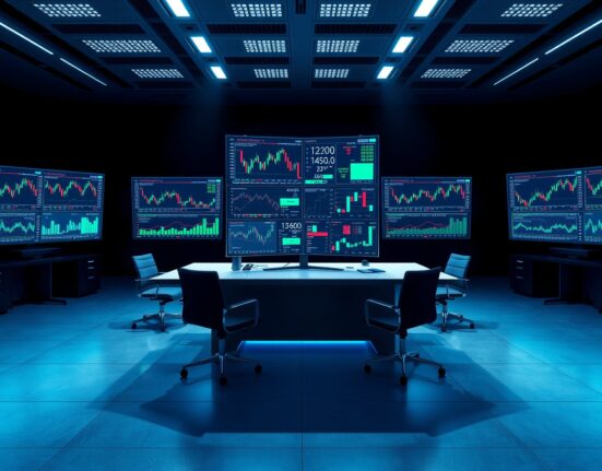 Binance 24-hour trading activity on traditional asset perpetual futures shown on monitors.