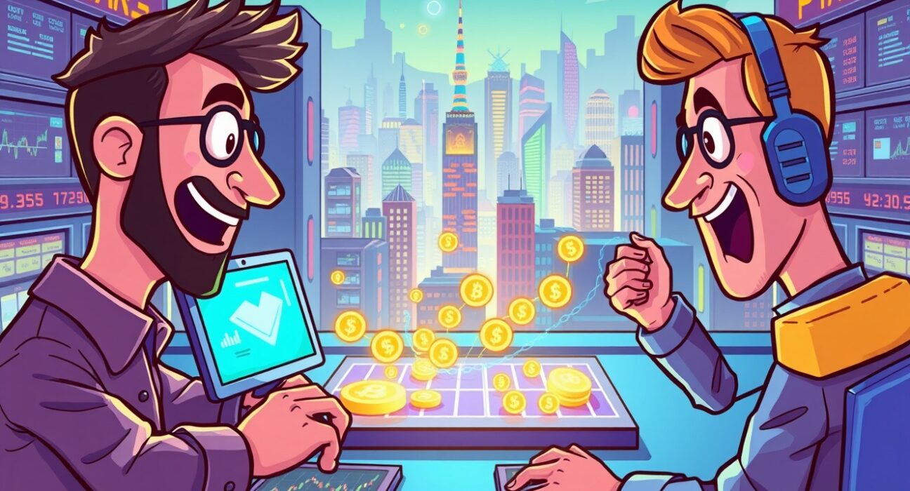 Vibrant cartoon illustration of Binance listing WET perpetual futures on a digital trading platform.