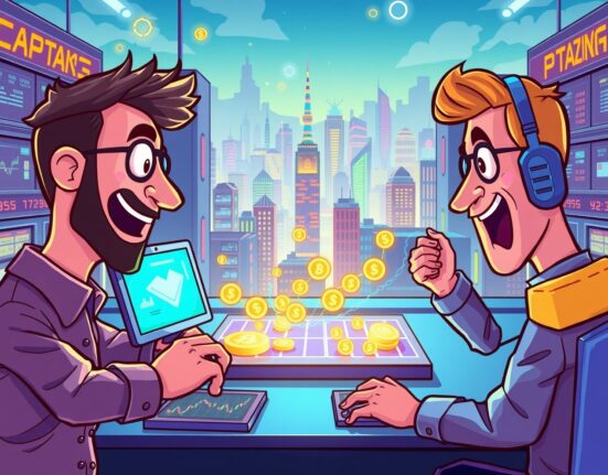 Vibrant cartoon illustration of Binance listing WET perpetual futures on a digital trading platform.