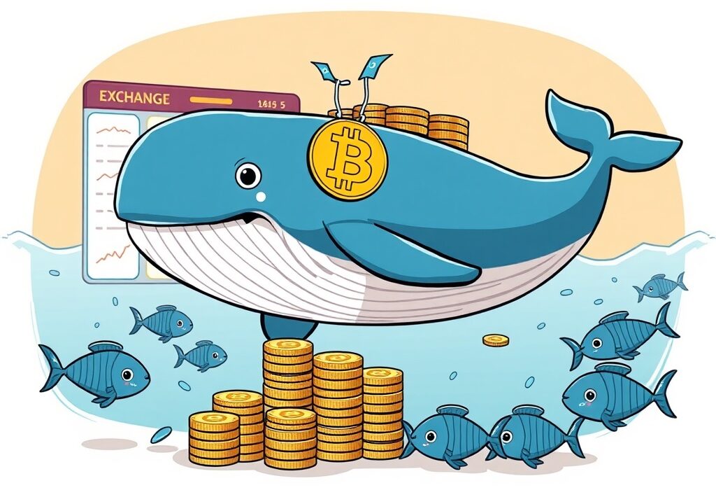 A cartoon whale representing significant Binance whale activity, moving large amounts of cryptocurrency on an exchange.