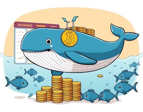 A cartoon whale representing significant Binance whale activity, moving large amounts of cryptocurrency on an exchange.