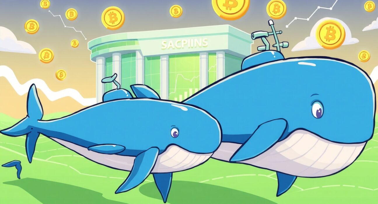Cartoon whales representing massive Binance whale inflows moving toward cryptocurrency exchange