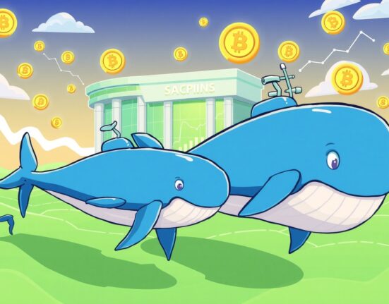 Cartoon whales representing massive Binance whale inflows moving toward cryptocurrency exchange