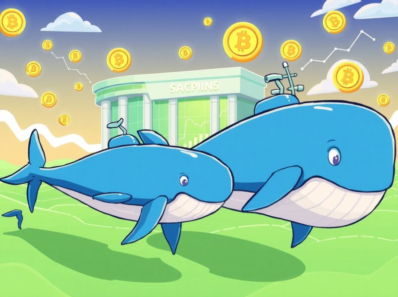 Cartoon whales representing massive Binance whale inflows moving toward cryptocurrency exchange