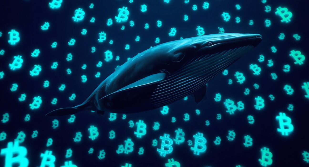 Digital whale swimming through ocean of cryptocurrency symbols, representing whale activity in crypto market