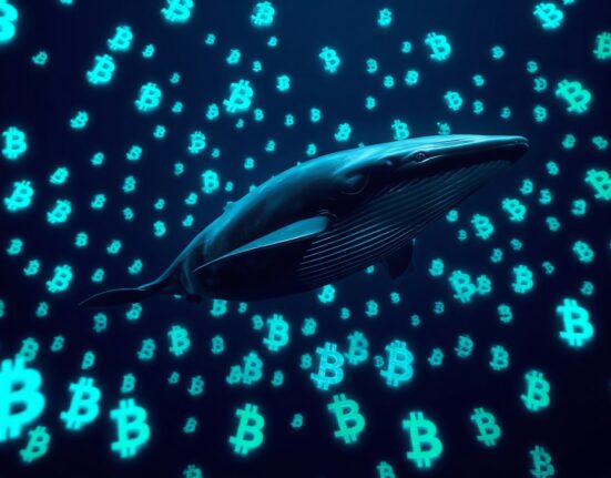 Digital whale swimming through ocean of cryptocurrency symbols, representing whale activity in crypto market
