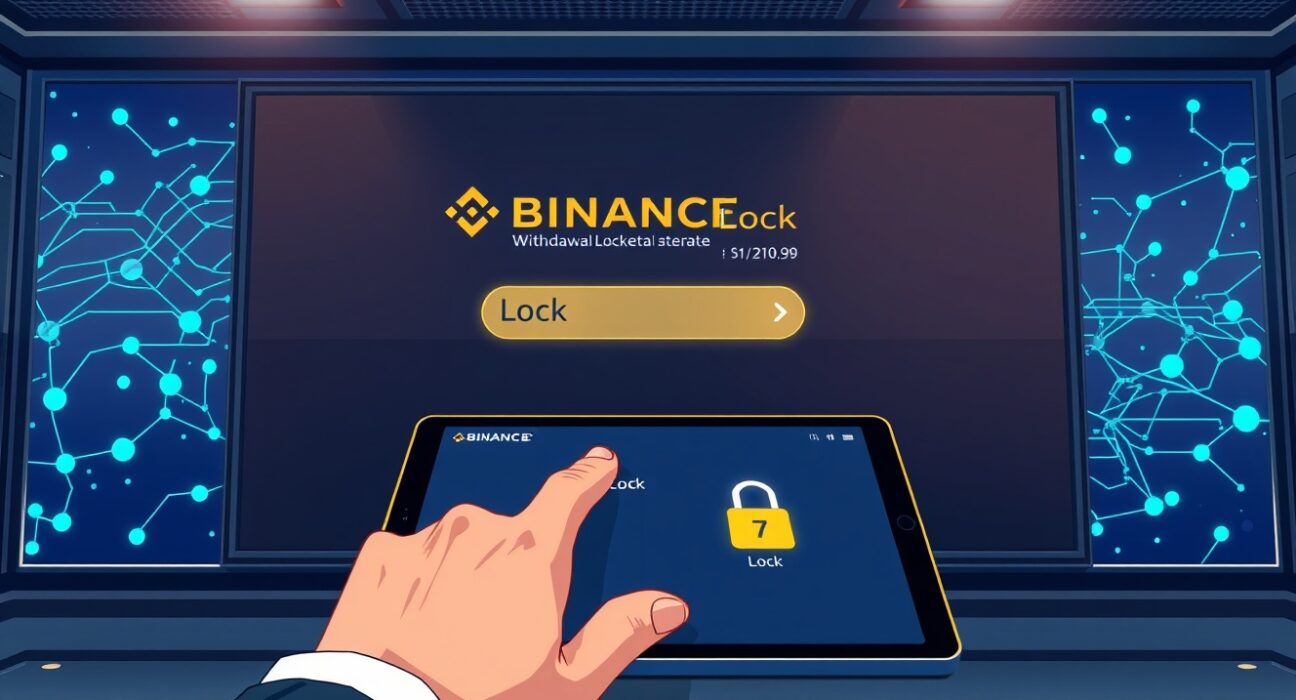 Binance withdrawal lock feature interface showing a user activating a 7-day security block to prevent cryptocurrency hacking.