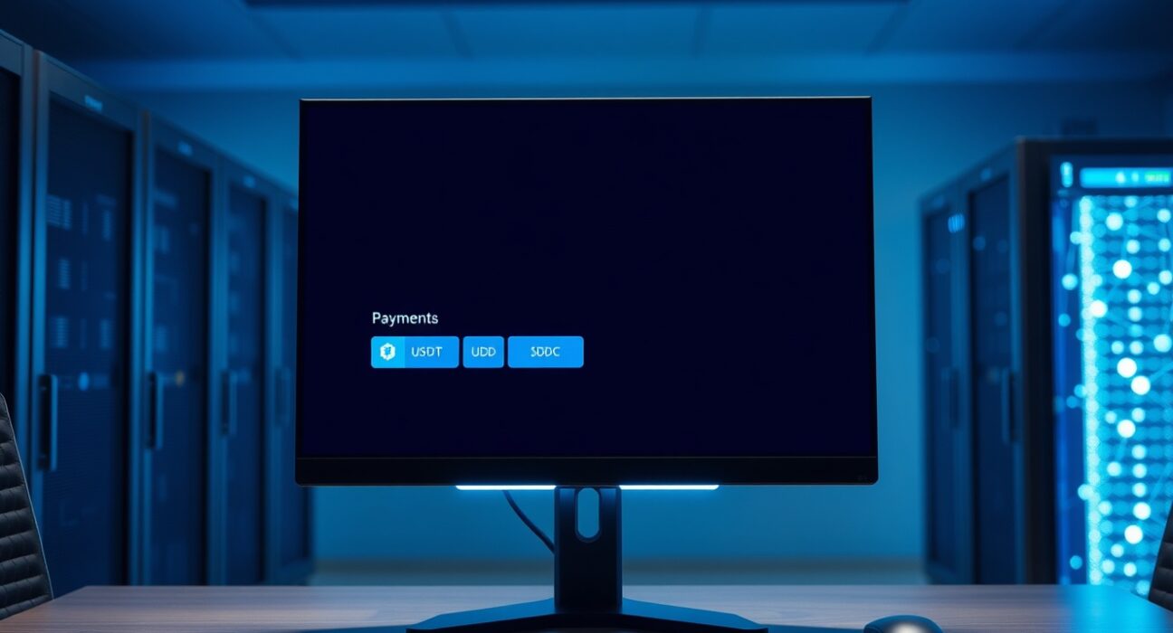 Digital payment interface on a monitor showing stablecoin transaction options for Binance x402 tool on BNB Chain