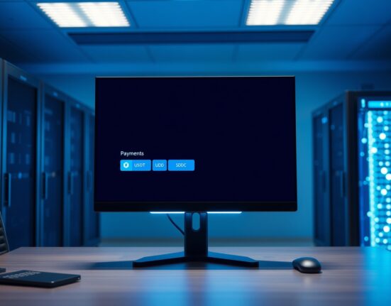 Digital payment interface on a monitor showing stablecoin transaction options for Binance x402 tool on BNB Chain