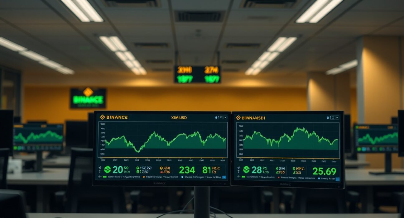 Cryptocurrency trading monitors showing Binance exchange with XLM/USD and XLM/USD1 trading pairs