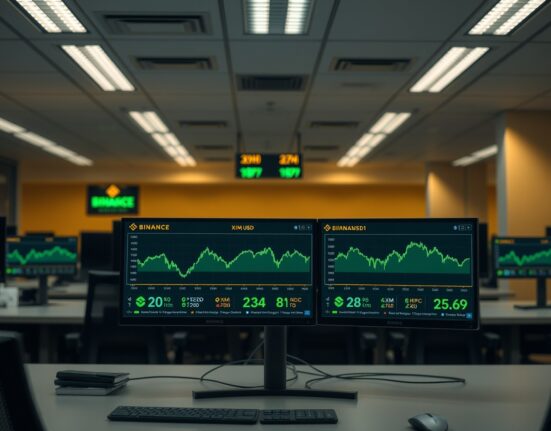 Cryptocurrency trading monitors showing Binance exchange with XLM/USD and XLM/USD1 trading pairs