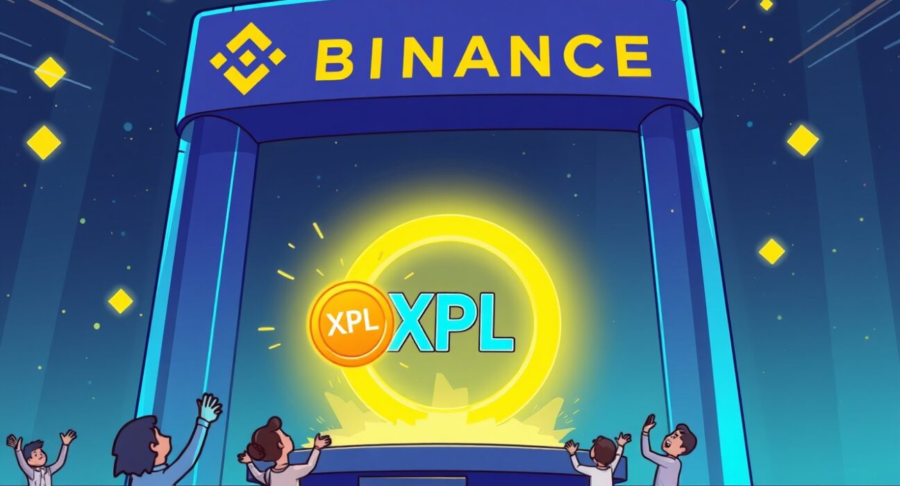 A cartoon illustration showing the excitement around the upcoming Binance XPL listing, highlighting its impact on the crypto market.