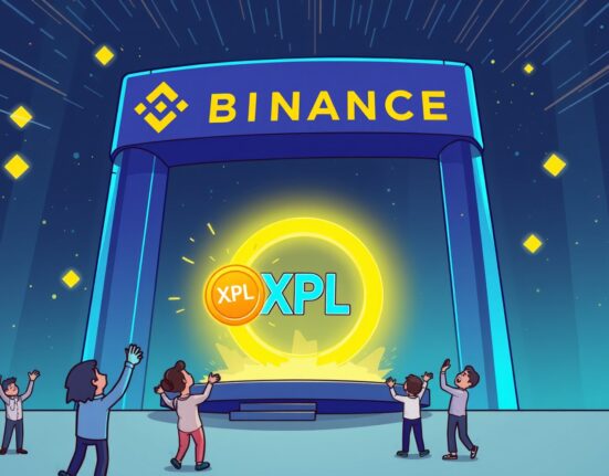 A cartoon illustration showing the excitement around the upcoming Binance XPL listing, highlighting its impact on the crypto market.