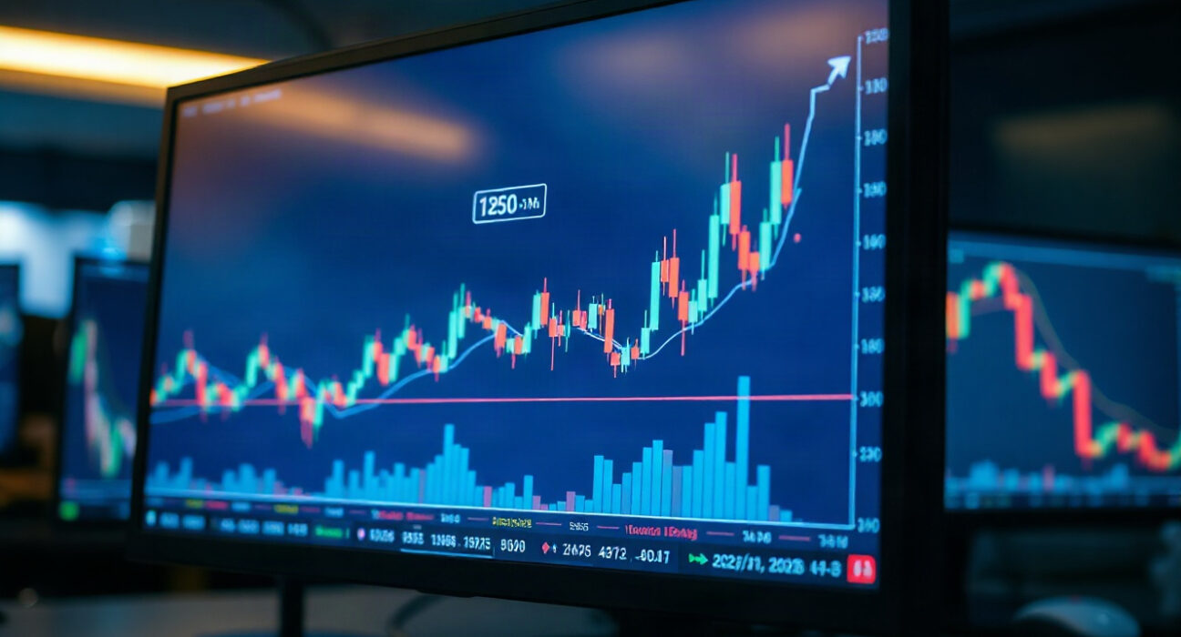 Trading chart on a monitor showing rising XRP open interest in a professional office setting