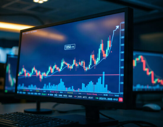 Trading chart on a monitor showing rising XRP open interest in a professional office setting