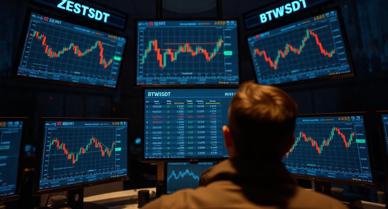 Trading monitors showing Binance ZESTUSDT and BTWUSDT perpetual futures contract listings on a professional trading desk.