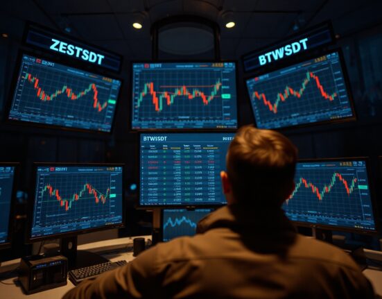 Trading monitors showing Binance ZESTUSDT and BTWUSDT perpetual futures contract listings on a professional trading desk.