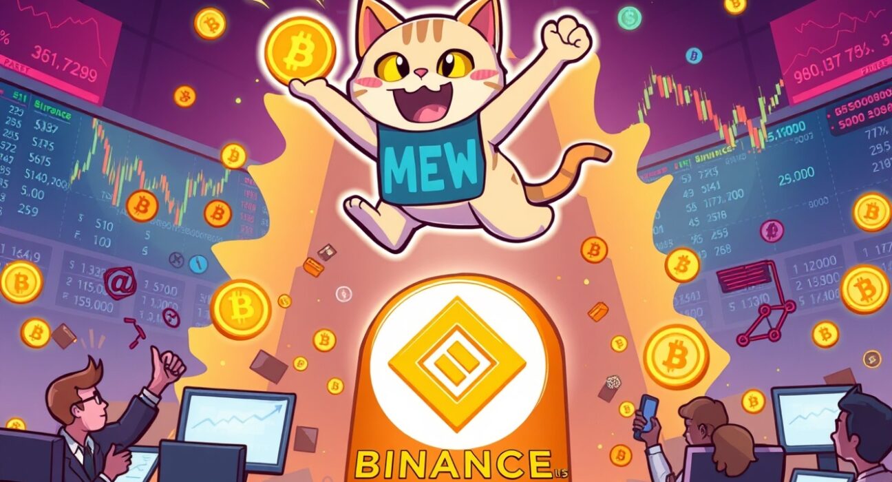 A cartoon cat character celebrates the exciting MEW coin listing on Binance.US, signaling new trading opportunities.