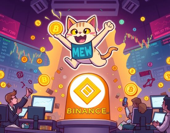 A cartoon cat character celebrates the exciting MEW coin listing on Binance.US, signaling new trading opportunities.