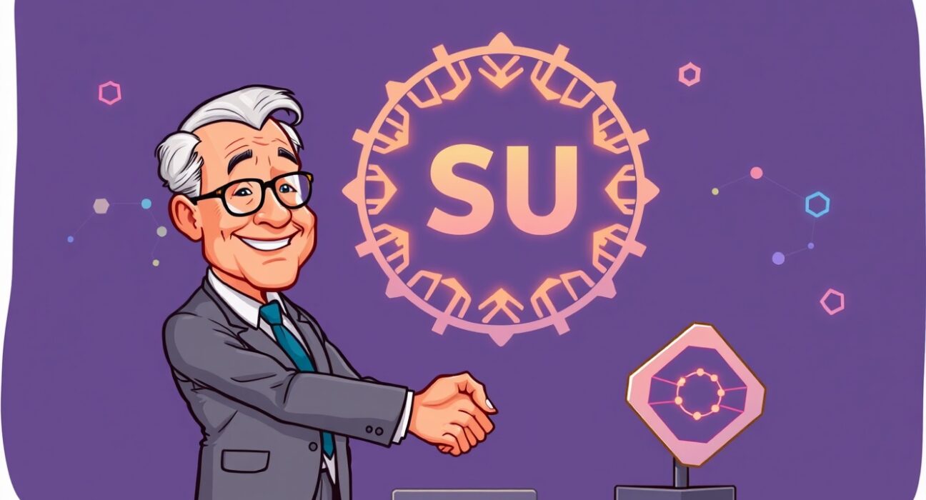 A cartoon illustration of gaming titan Bing Gordon joining the SUI Foundation as an advisor, symbolizing a new era for blockchain gaming.