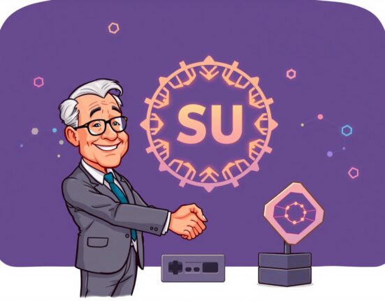 A cartoon illustration of gaming titan Bing Gordon joining the SUI Foundation as an advisor, symbolizing a new era for blockchain gaming.