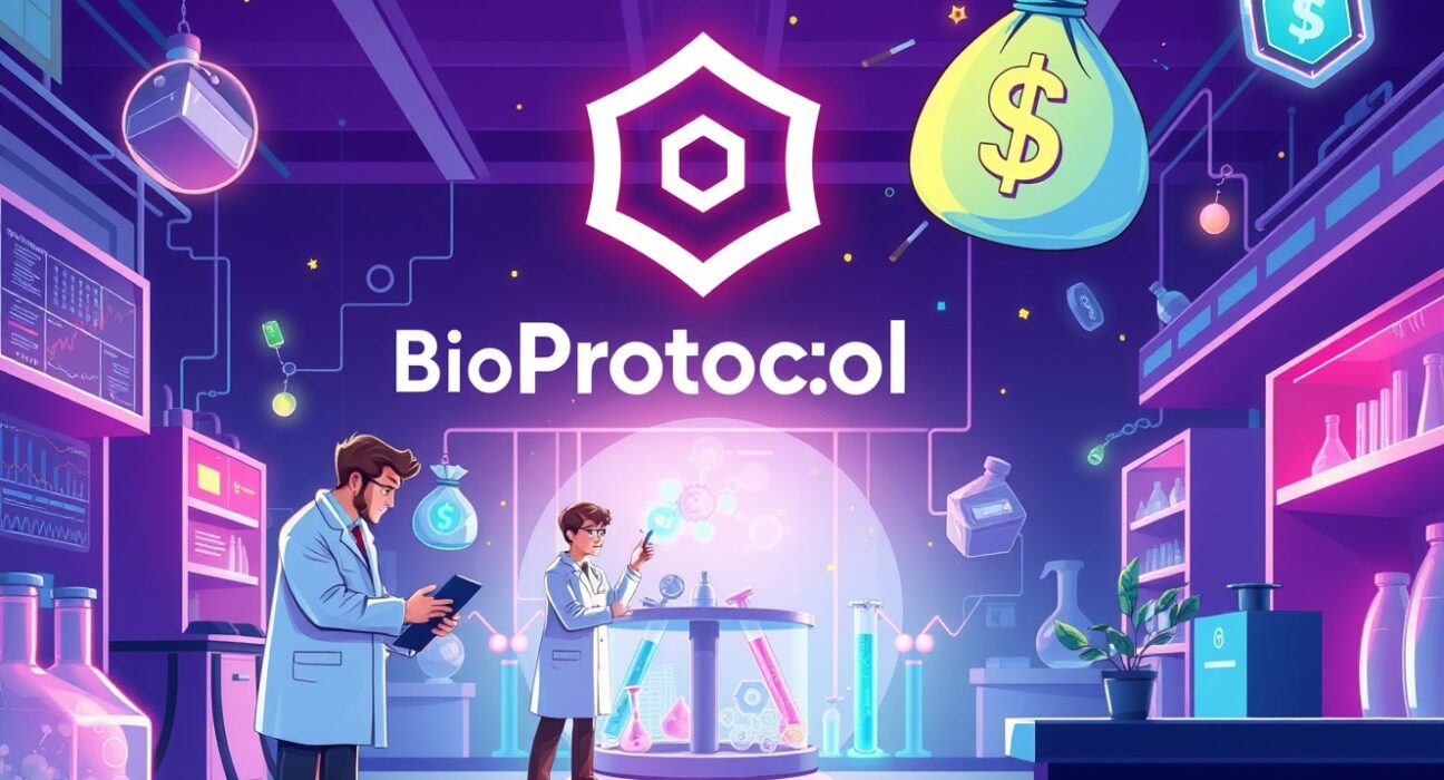 A vibrant cartoon showing a lab with scientists and blockchain elements, symbolizing Bio Protocol's $6.9M Bio Protocol seed funding for decentralized science.