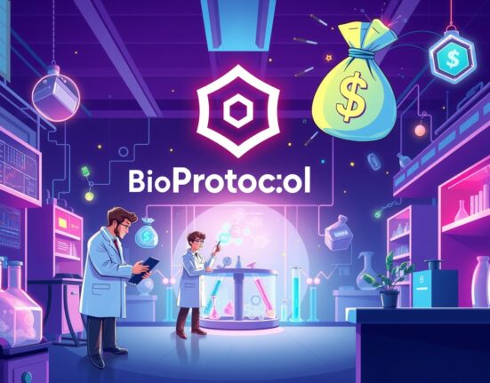 A vibrant cartoon showing a lab with scientists and blockchain elements, symbolizing Bio Protocol's $6.9M Bio Protocol seed funding for decentralized science.