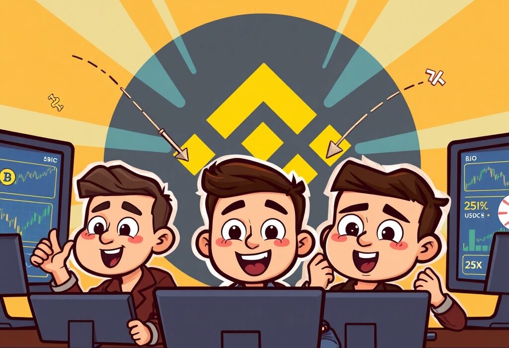 Cartoon illustration of traders excitedly engaging with the new BIO/USDC perpetual contract on Binance, highlighting high leverage trading.