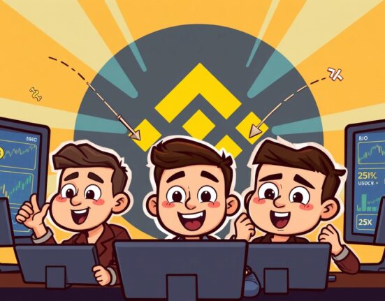 Cartoon illustration of traders excitedly engaging with the new BIO/USDC perpetual contract on Binance, highlighting high leverage trading.