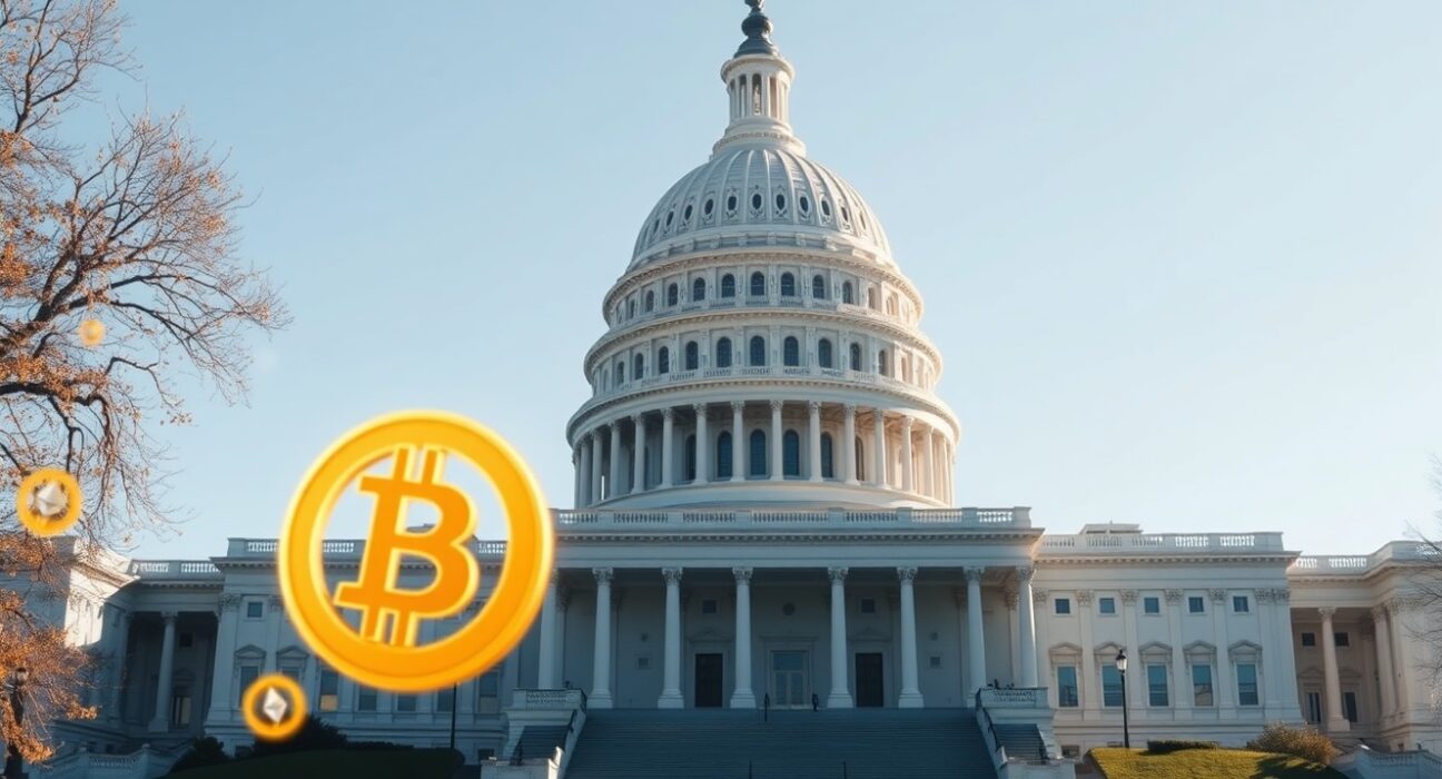 US Capitol building with digital cryptocurrency symbols in foreground
