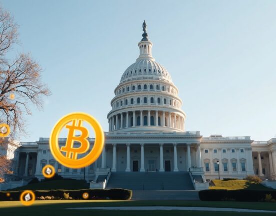US Capitol building with digital cryptocurrency symbols in foreground