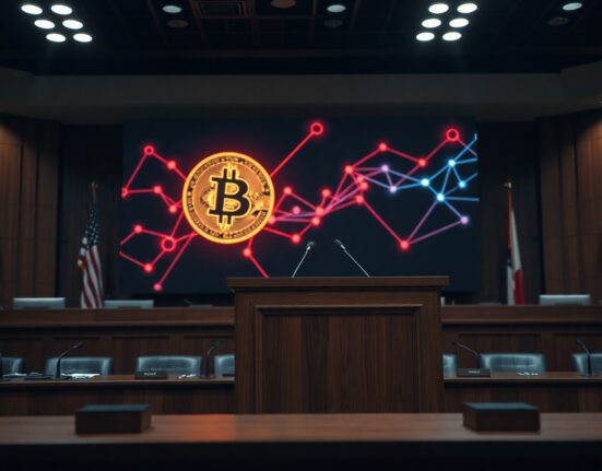 Federal cryptocurrency theft task force hearing room with Bitcoin symbol on screen
