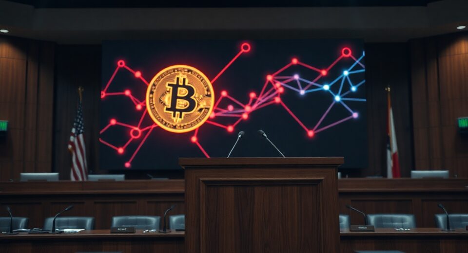 Federal cryptocurrency theft task force hearing room with Bitcoin symbol on screen
