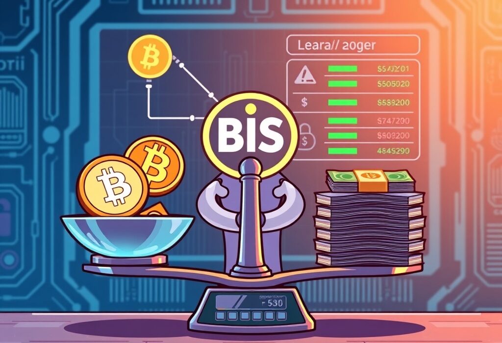A cartoon illustration depicting the BIS AML compliance system evaluating crypto tokens, symbolizing efforts to balance regulation and innovation.