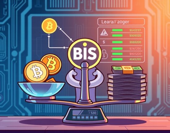 A cartoon illustration depicting the BIS AML compliance system evaluating crypto tokens, symbolizing efforts to balance regulation and innovation.