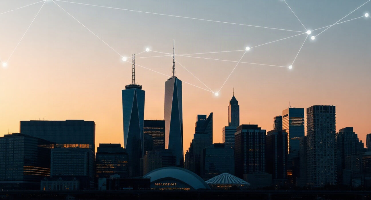 Financial district skyline with digital overlay representing stablecoins and banking