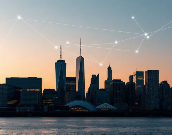 Financial district skyline with digital overlay representing stablecoins and banking
