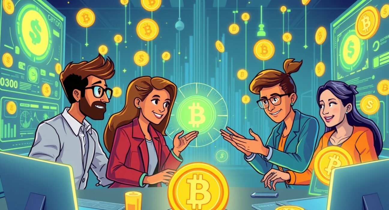 Digital currency innovation hub with financial experts collaborating on future financial technology