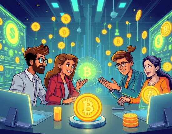 Digital currency innovation hub with financial experts collaborating on future financial technology