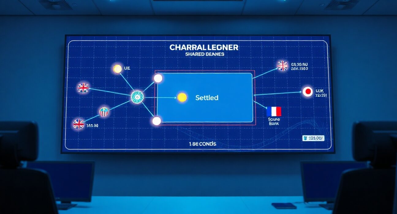Digital screen showing a real-time transaction settlement on a shared ledger network for Project Agorá.
