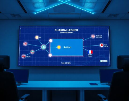 Digital screen showing a real-time transaction settlement on a shared ledger network for Project Agorá.