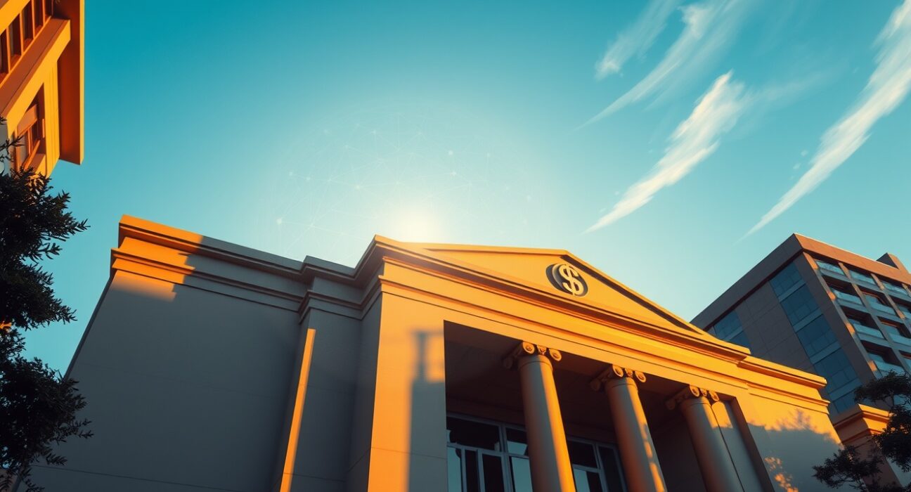 A modern bank building in an emerging market with digital dollar and blockchain overlays at sunset