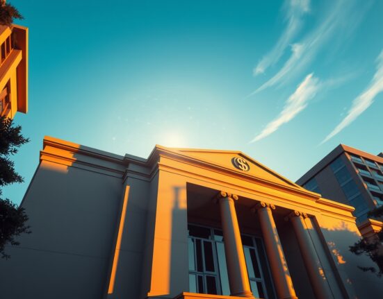 A modern bank building in an emerging market with digital dollar and blockchain overlays at sunset
