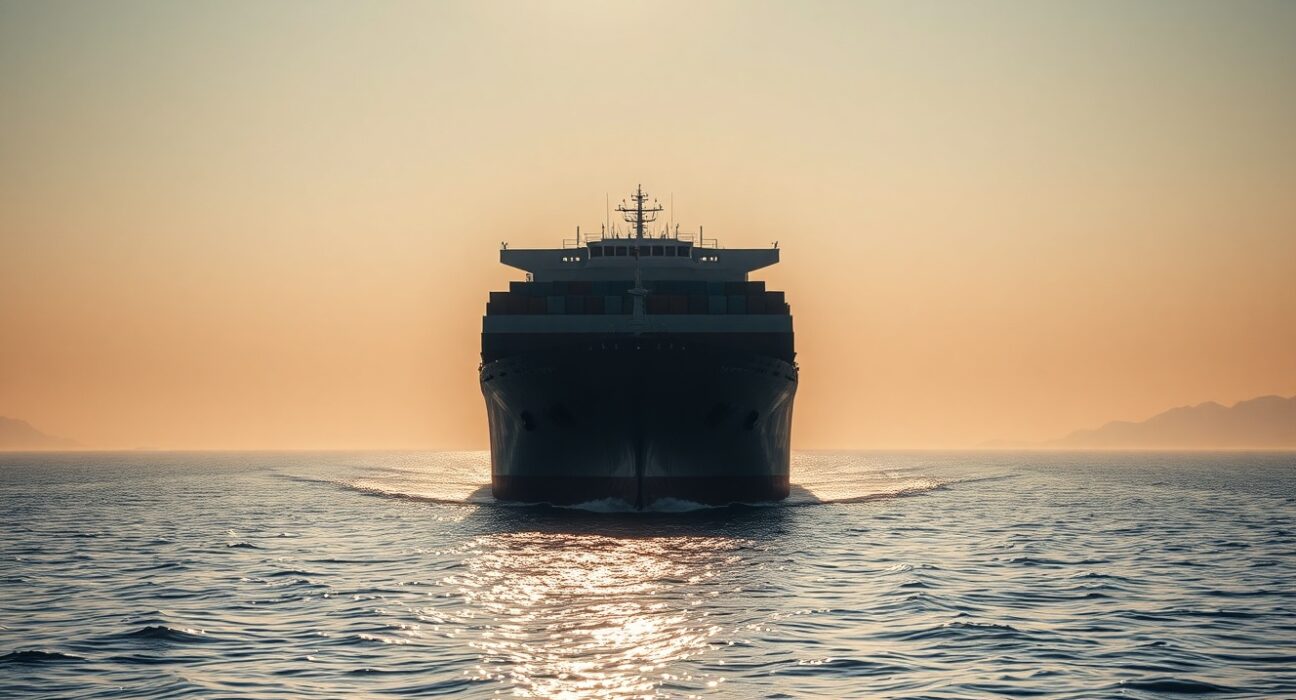 Cargo ship navigating the Strait of Hormuz at sunrise, representing energy supply risks