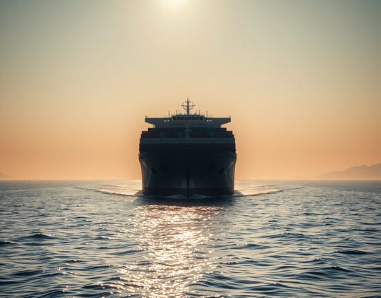 Cargo ship navigating the Strait of Hormuz at sunrise, representing energy supply risks