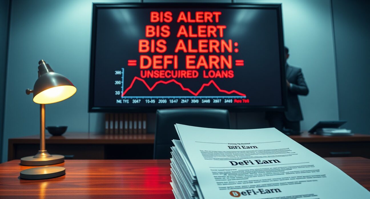 BIS warning about DeFi earn services as unsecured loans with financial documents and digital screen