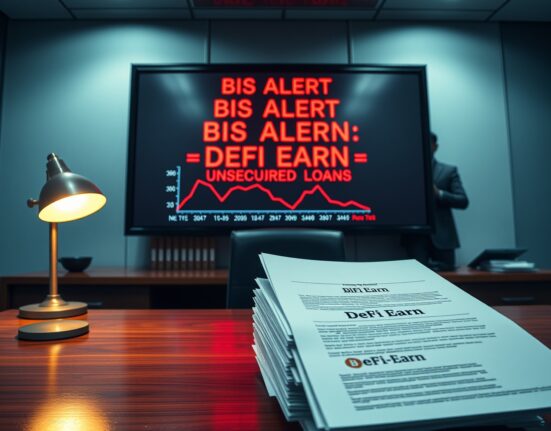 BIS warning about DeFi earn services as unsecured loans with financial documents and digital screen