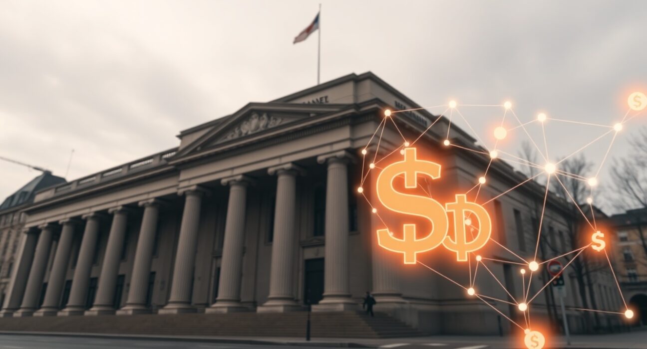 Exterior of the Bank for International Settlements headquarters with digital blockchain overlay symbolizing stablecoin regulation concerns.